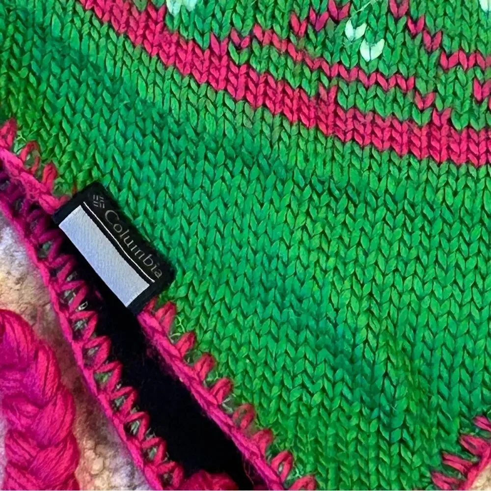Columbia Kids 12-14 Fair Isle Trapper Hat Green Pink Ear Flap Knit Winter Beanie